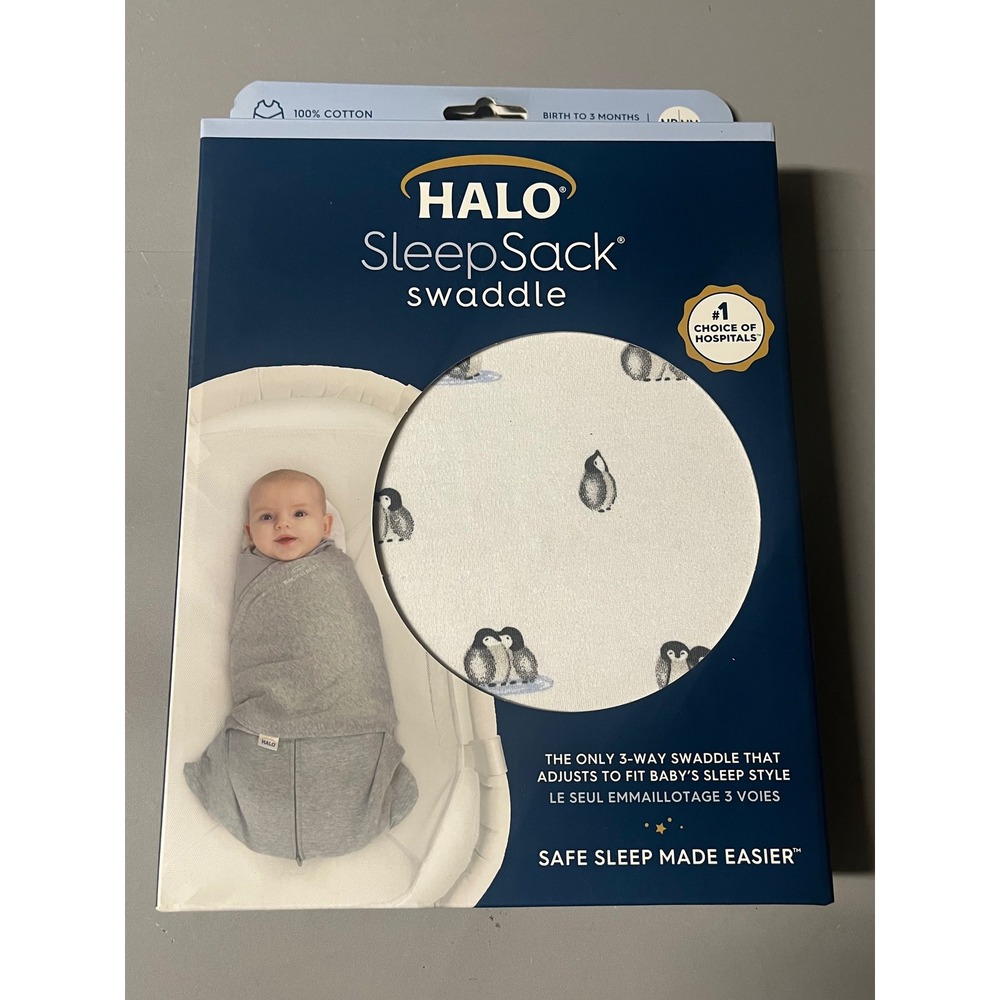 HALO SleepSack Swaddle Newborn Penguin Print Cotton 3-Way Adjustable Gray White
